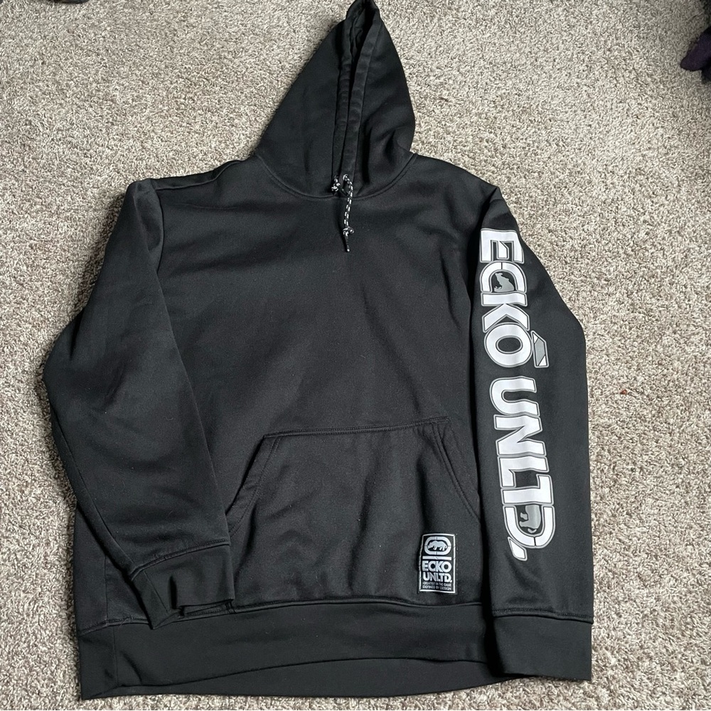 Vintage Echo Unltd Hoodie Mens XL Black Logo Sleeve Y2K Baggy Relaxed Hip Hop